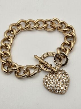 GUESS Gold Tone Pave Heart Toggle Bracelet